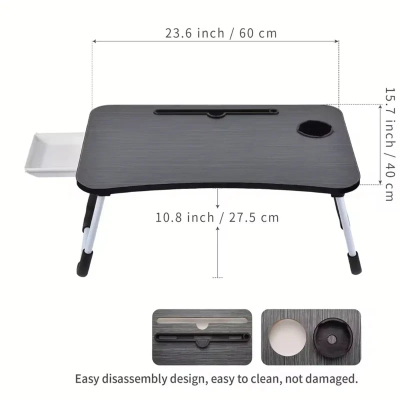 Folding table with cup holder drawer, laptop bed table, foldable tablet stand, laptop bed tray table, portable folding table, fo