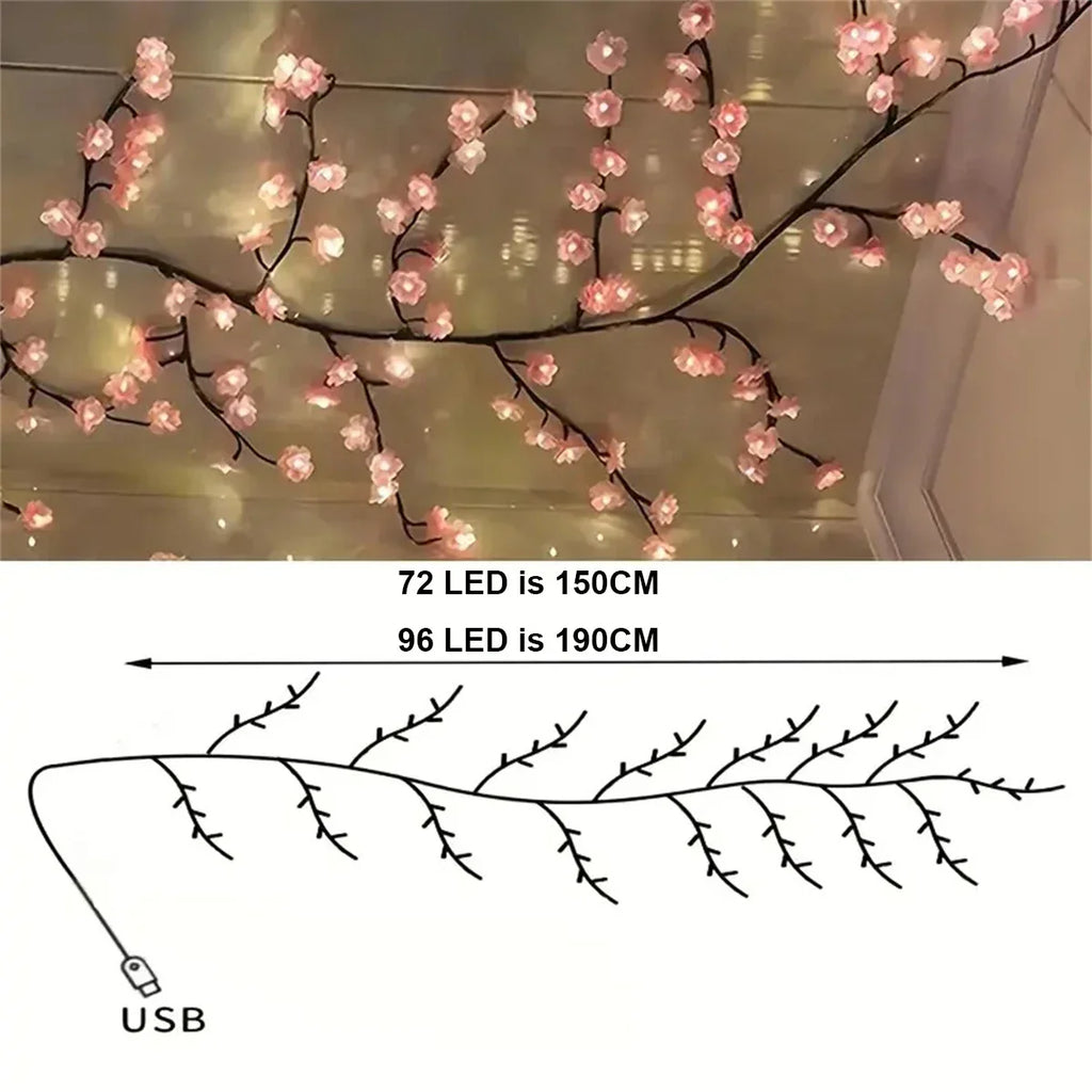 72/96 LED USB cherry blossom vine string lights with 8-mode DIY plastic flower theme for parties weddings outdoor decoration