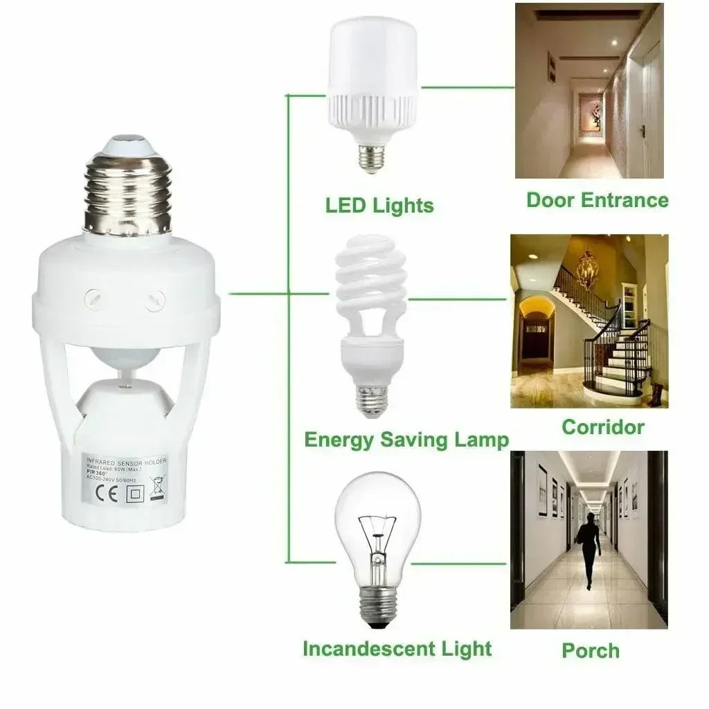 Smart Motion Sensor Light Bulb Holder E27 PIR Induction Sensor Adapter Lamp Base Converter 100~240V Auto ON/OFF Adjustable Delay