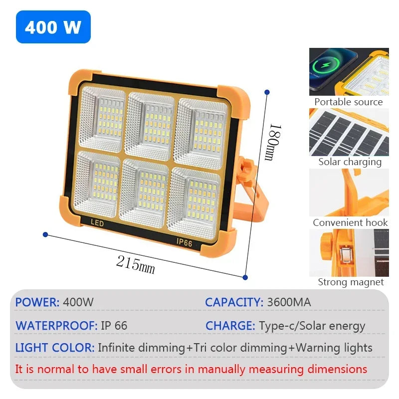 LED Solar Floodlight Outdoor IP66 Waterproof USB Rechargeable Magnet Strong Light Portable Camping Tent Fishing Light Work Light