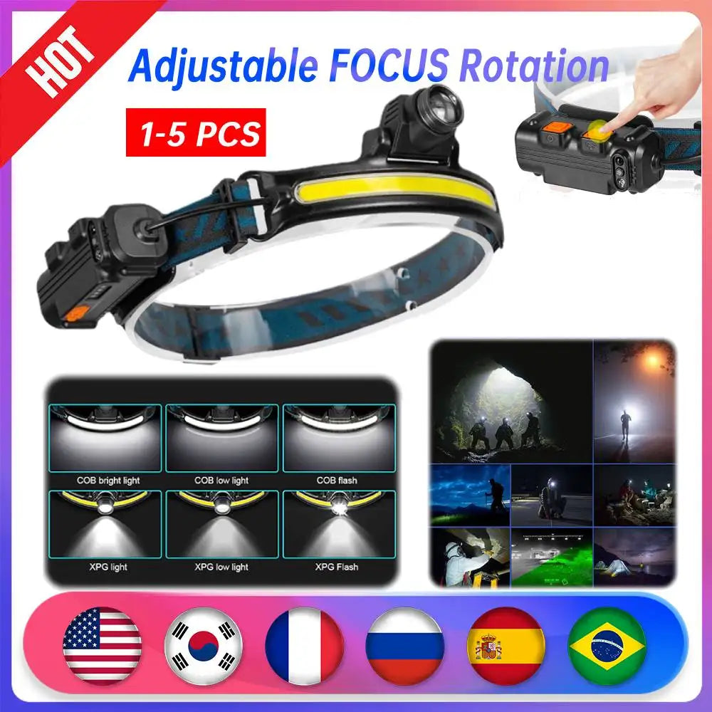 XPG+COB LED Zoom Induction Headlamp USB Rechargeable Powerful Head Flashlight Power Display Camping Headlight for Hiking Fishing