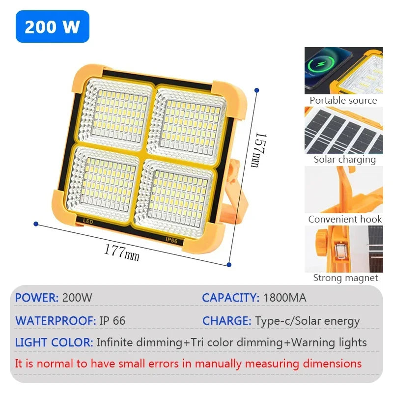 LED Solar Floodlight Outdoor IP66 Waterproof USB Rechargeable Magnet Strong Light Portable Camping Tent Fishing Light Work Light