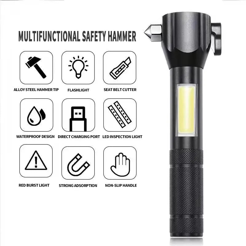 Multi-Function COB LED Flashlight Emergency Light Safety Hammer